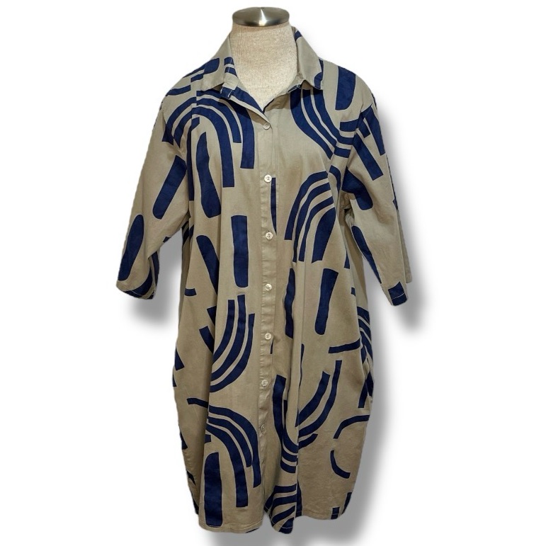 Women’s Midi Shirt Dress Size Xl? Tan And Blue Geometric Print Button Front
